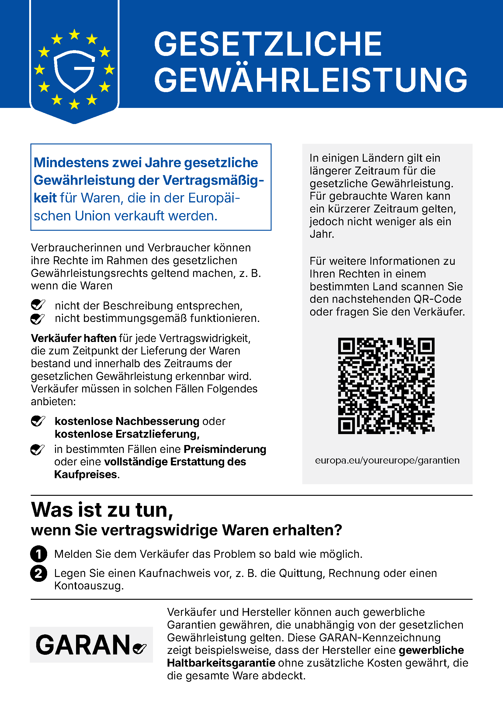 Amtlicher Hinweis der EU: Gesetzliche Gewährleistung
