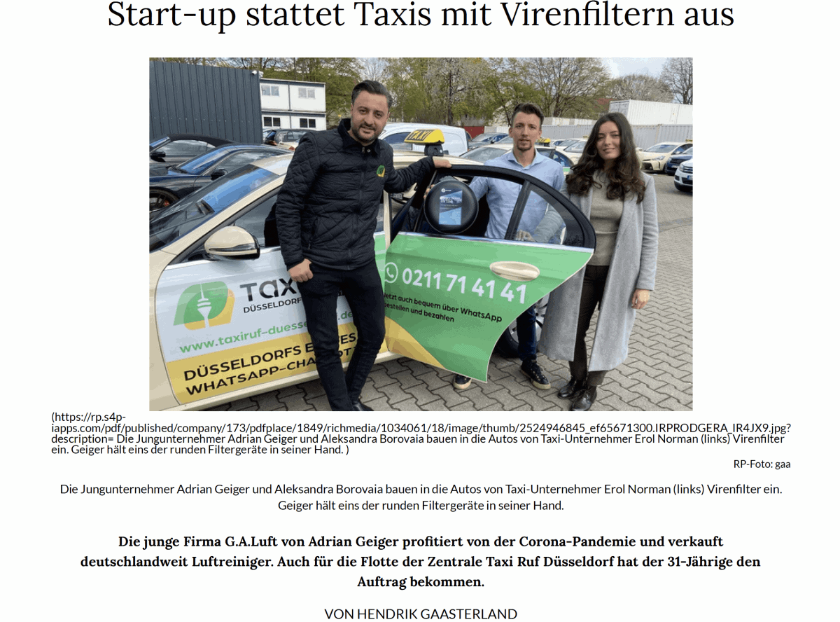 G.A.Luft: Rheinische Post berichtet über Taxi Düsseldorf mit Virenfiltern. Jungunternehmer & Taxi mit Telefonnummer. Bildschirmfoto.