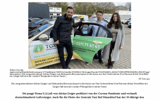 G.A.Luft: Rheinische Post berichtet über Taxi Düsseldorf mit Virenfiltern. Jungunternehmer & Taxi mit Telefonnummer. Bildschirmfoto.