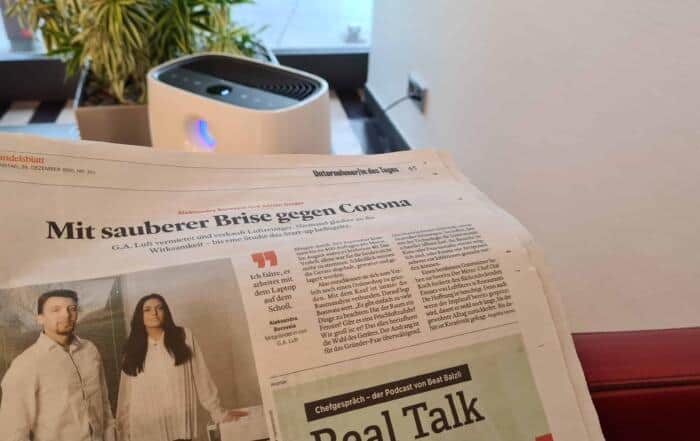Handelsblatt Online - Luftreiniger - G.A.Luft Artikel - im Hintergrund Philips AC2889/10 - Testsieger Stiftung Warentest