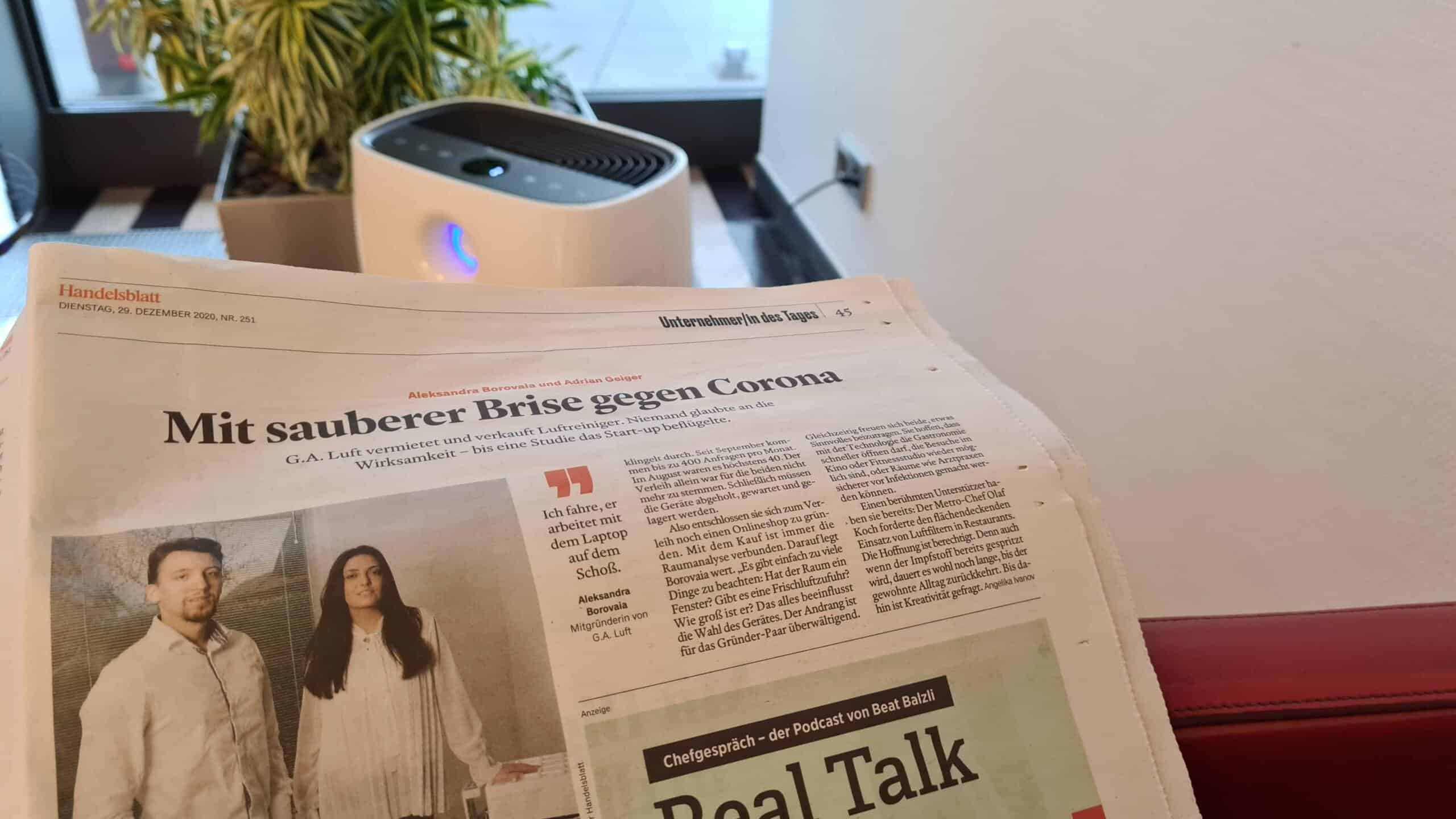 Handelsblatt Online - Luftreiniger - G.A.Luft Artikel - im Hintergrund Philips AC2889/10 - Testsieger Stiftung Warentest