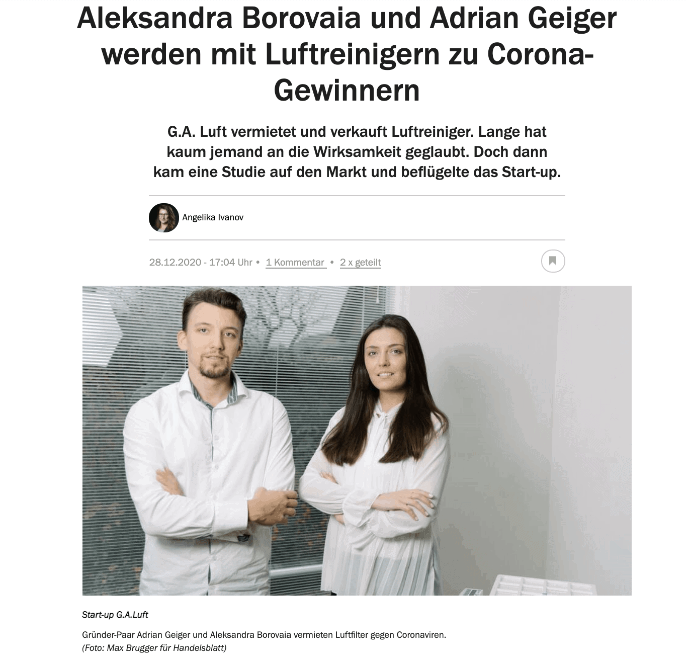 Referenzen: Bildschirmfoto Gründer Adrian Geiger & Aleksandra Borovaia mit Luftreinigern. Corona-Gewinner im Interview. Presse.