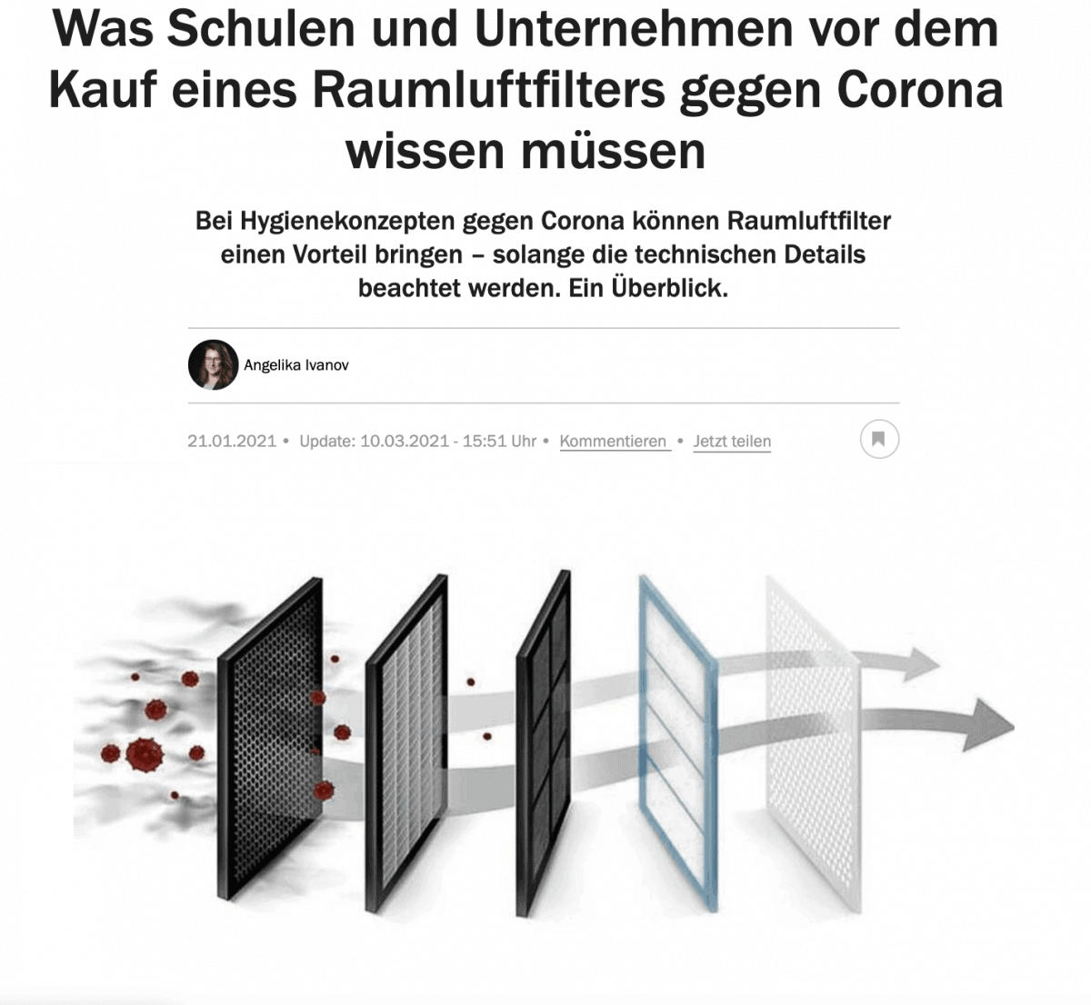 Referenzen/Presse: Bildschirmfoto Raumluftfilter gegen Corona. Schema der Filterphasen, wie sie Viren aus der Luft filtern.