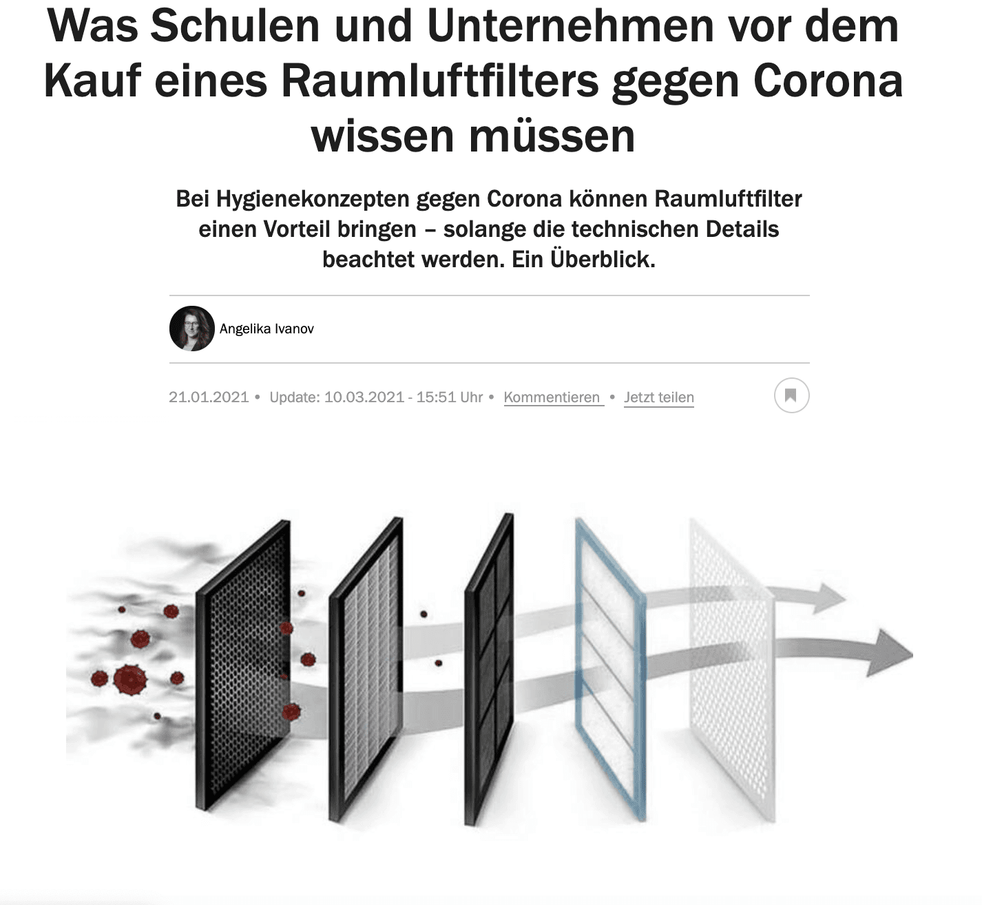 Referenzen/Presse: Bildschirmfoto Raumluftfilter gegen Corona. Schema der Filterphasen, wie sie Viren aus der Luft filtern.