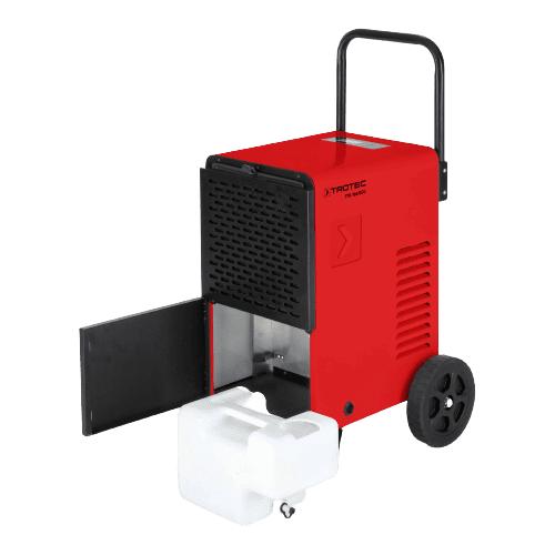 Roter TTK 166 ECO Bautrockner von Trotec mit Kondensatbehälter. Profilansicht des Luftentfeuchters mit Griff und Rädern für den mobilen Einsatz.
