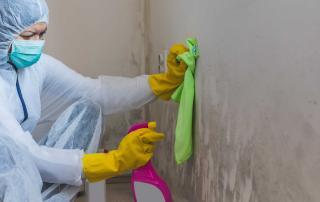 Person trägt Schutzhandschuhe und wendet Schimmelpilzentferner auf von Schimmel befallene Wand an.