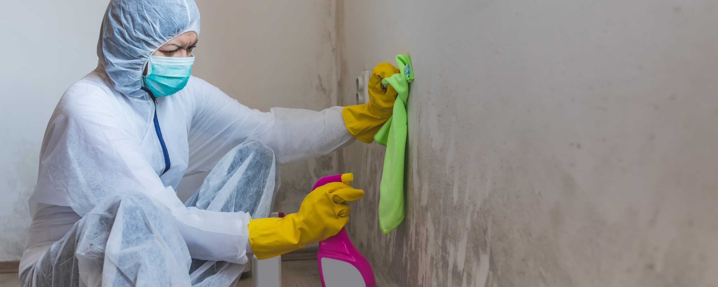 Person trägt Schutzhandschuhe und wendet Schimmelpilzentferner auf von Schimmel befallene Wand an.