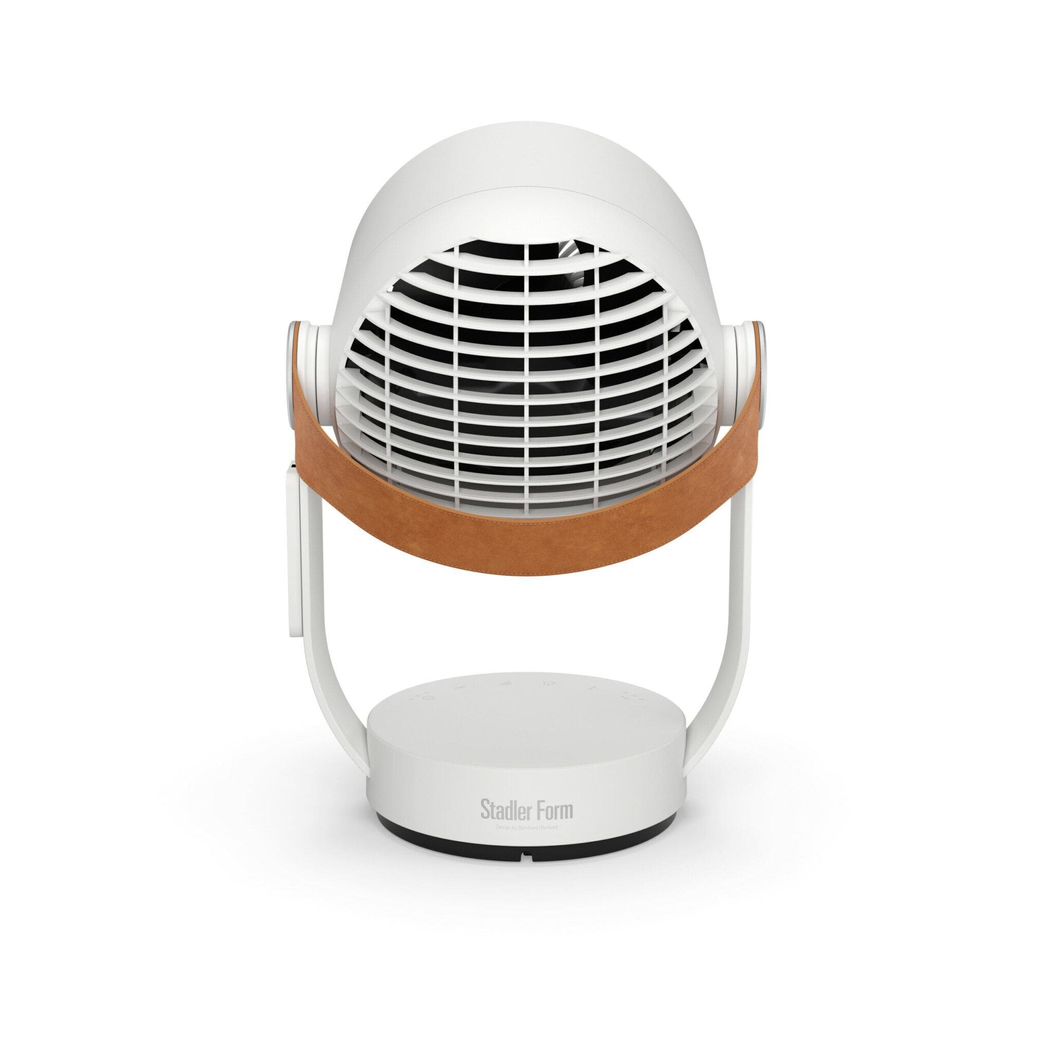 Weißer Stadler Form Leo Ventilator mit Ledergriff. Tischventilator für Büro oder Zuhause. Modernes Design, leise Kühlung.