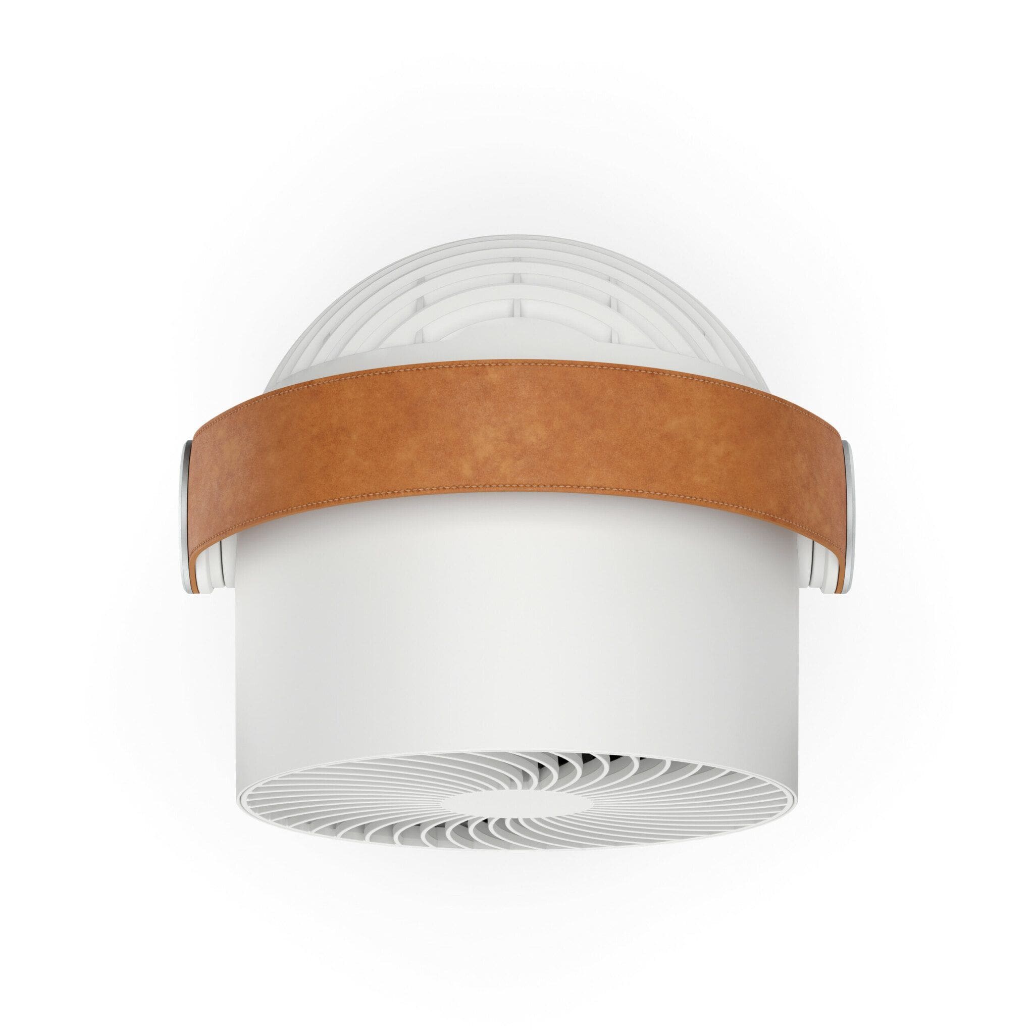 Weißer Leo Luftreiniger mit braunem Ledergriff. Modernes Design für saubere Luft. SF Leo White Luftreiniger.
