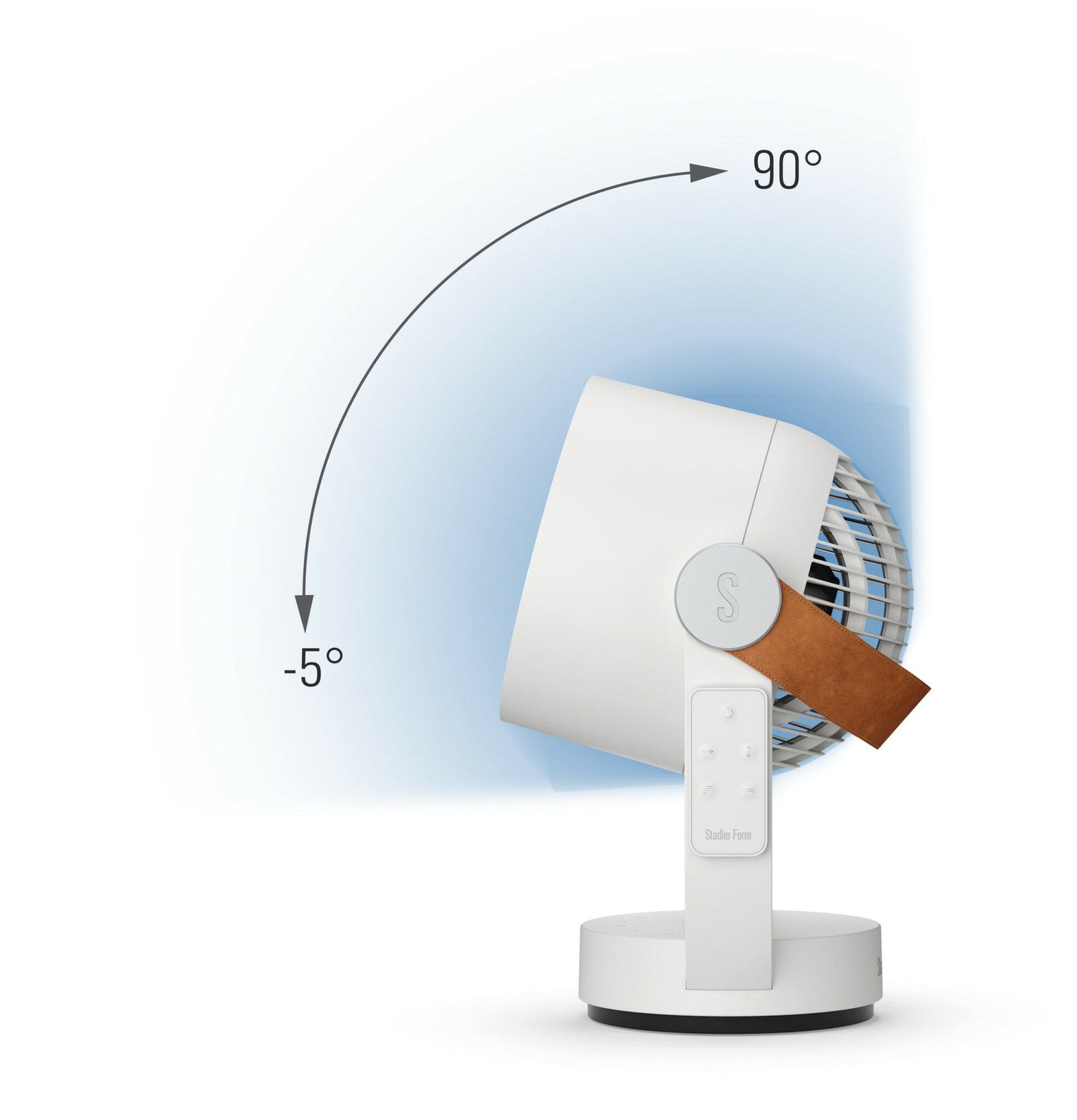 Stylischer Stadler Form Leo Ventilator in Weiß mit Neigungswinkel-Anzeige für optimale Luftzirkulation. Modernes Design für Ihr Zuhause.