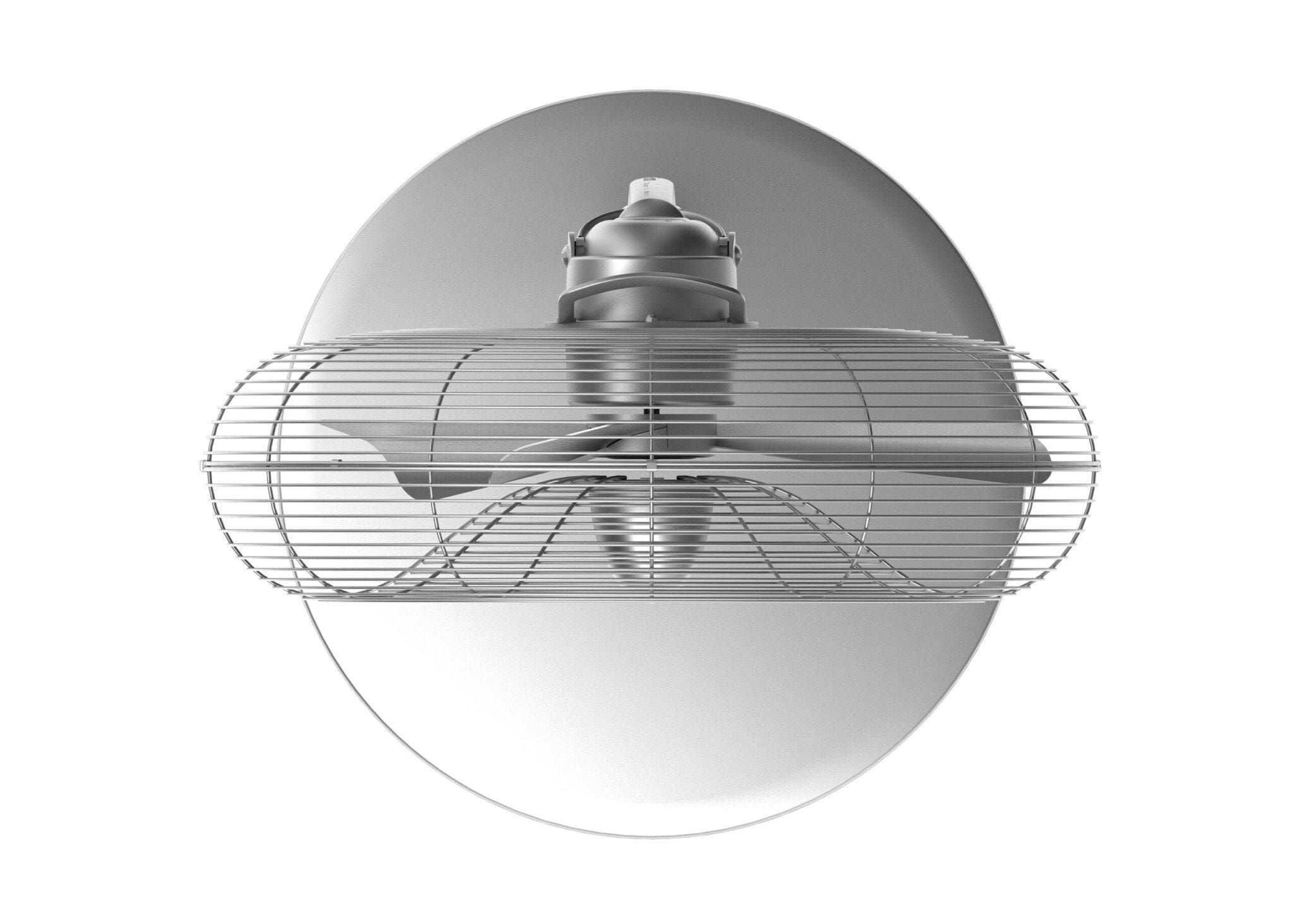 Charly Standventilator: Detailaufnahme des silbernen Ventilators mit Schutzgitter vor einem runden, hellen Hintergrund. Top-Ansicht.