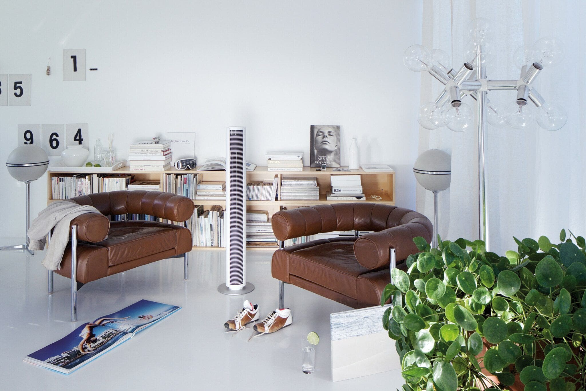 Peter White Lifestyle: Interieur mit braunen Ledersesseln, Bücherregal, Stehlampe und Zimmerpflanze. Helles, modernes Design.