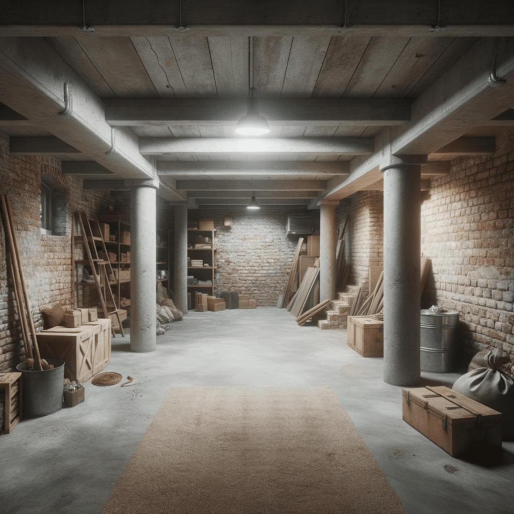 DALL·E 2023-10-10 17.37.04 – Authentic photograph of a home basement with a concrete floor and brick walls. The room is mostly vacant, with only a few scattered items on the groun