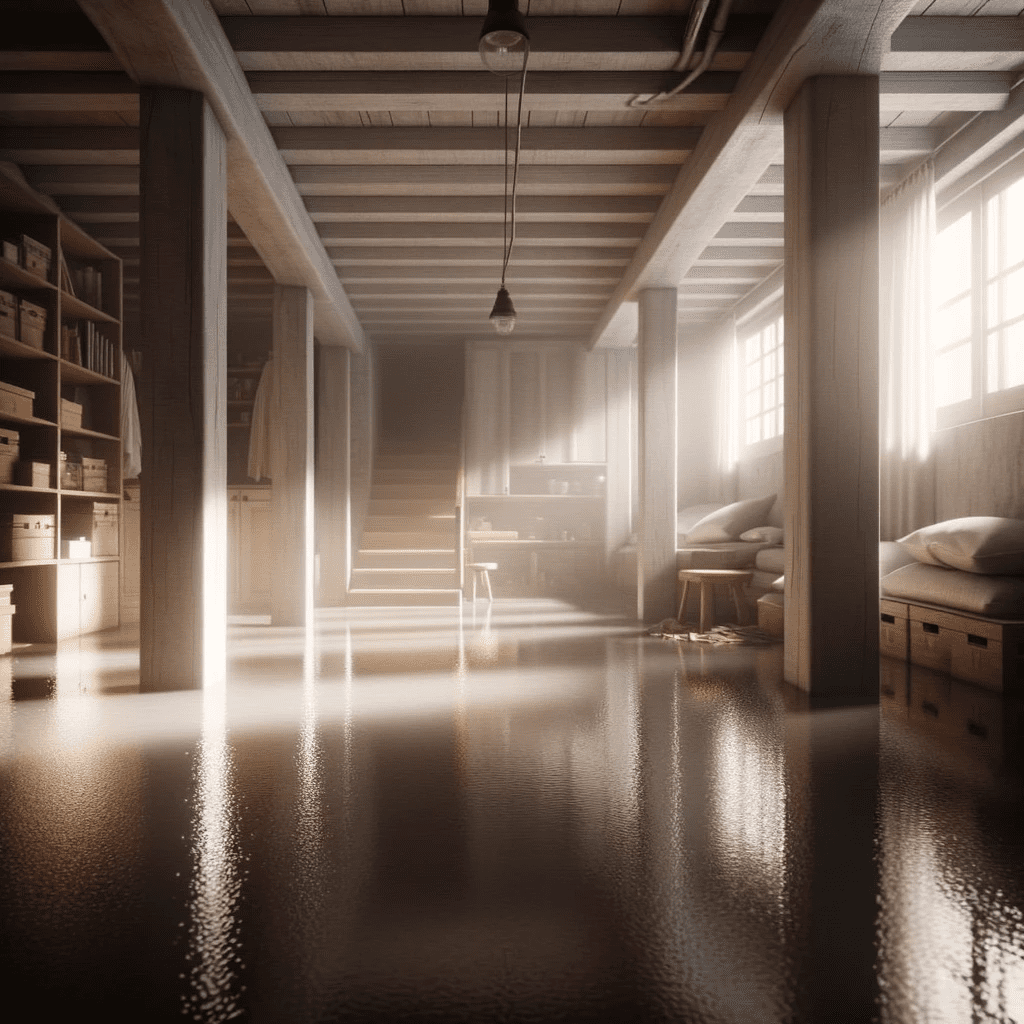 DALL·E 2023-10-10 17.46.04 – Photo of a basement in a home where the atmosphere is slightly moist. There’s a faint reflection on the floor, indicating the presence of water