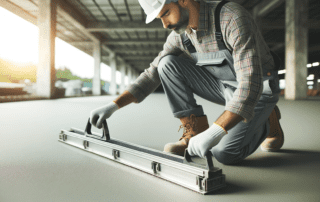 Arbeiter kniet auf einem Estrichboden und inspiziert mit einem Aluminium-Estrich-Nivellierer nach Unvollkommenheiten. Estrichtrocknung