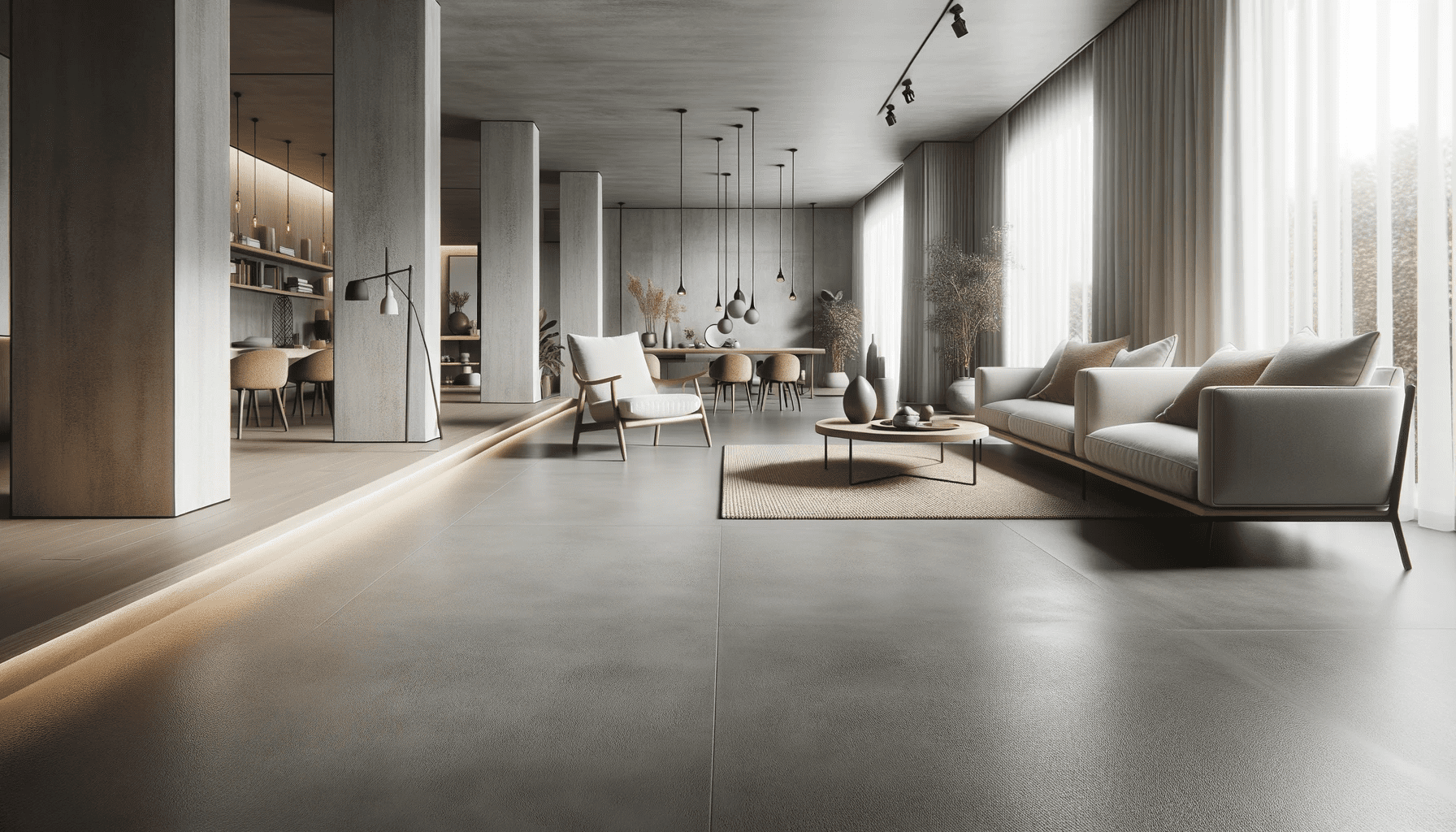 Estrichboden im modernen Design Wunderschön fertiggestellter Estrichboden in einem modernen Wohnraum mit minimalistischen Möbeln.