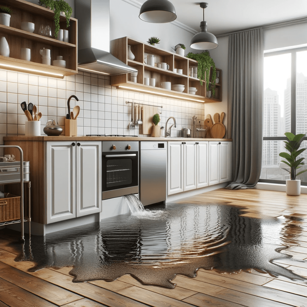 Foto einer Küche in einer Wohnung mit Wasseransammlungen auf dem Boden in der Nähe des Spülbeckens.