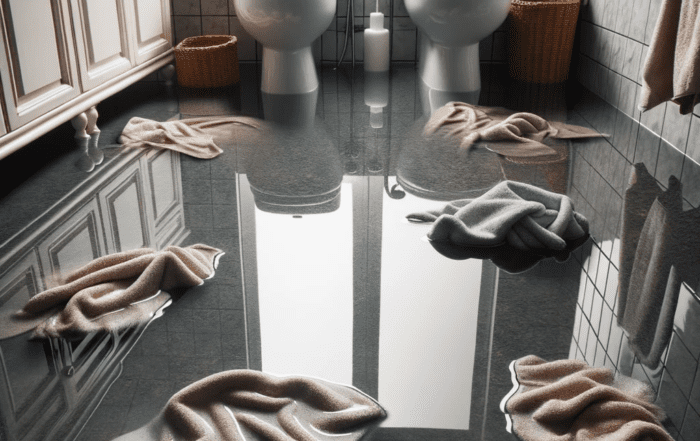 Badezimmer mit deutlichen Überschwemmungsspuren und Wasserlachen auf dem Boden, die die darüberliegenden Badezimmerarmaturen spiegeln.