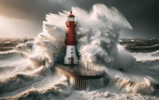 Leuchtturm an der Ostseeküste während Sturmflut mit hohen Wellen an seiner Basis.