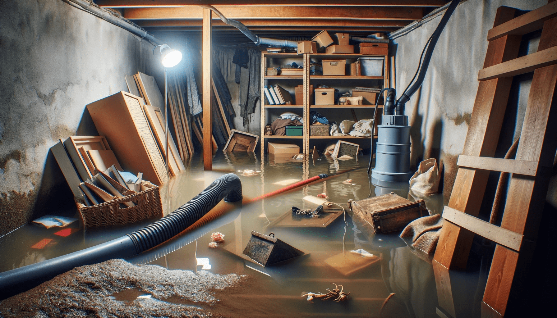 Überfluteter Keller mit Gegenständen im Wasser, umgestürztem Regal und aktiver Tauchpumpe.