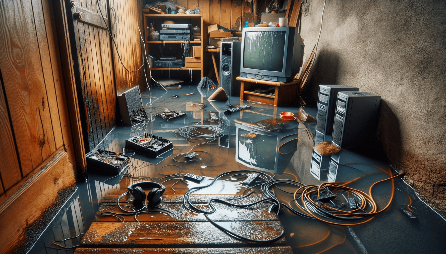 Keller nach Überschwemmung mit beschädigten Elektronikgeräten, nassen Kabeln und durchnässtem Teppich.
