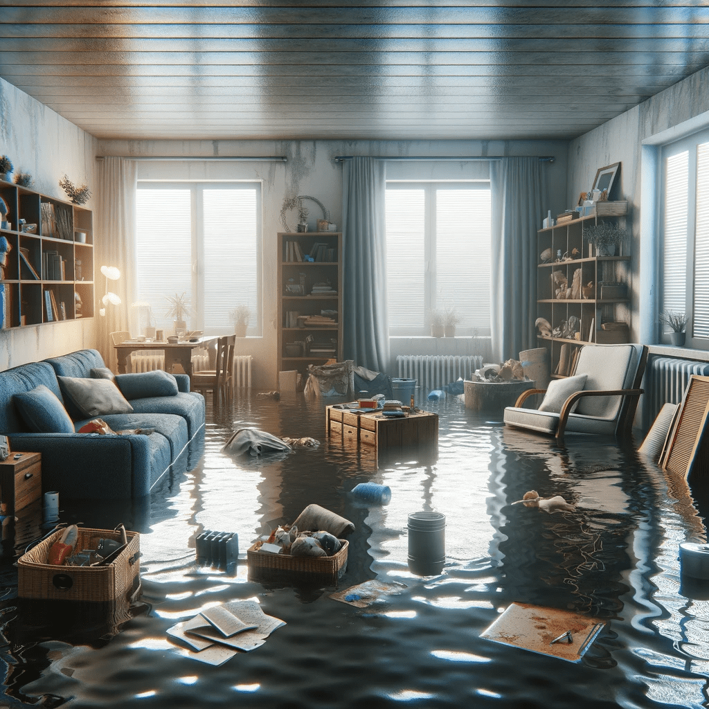 DALL·E 2023-11-03 18.14.02 – Photo of an apartment interior after a flood, showcasing a living room with furniture partially submerged in murky water. Various household items are