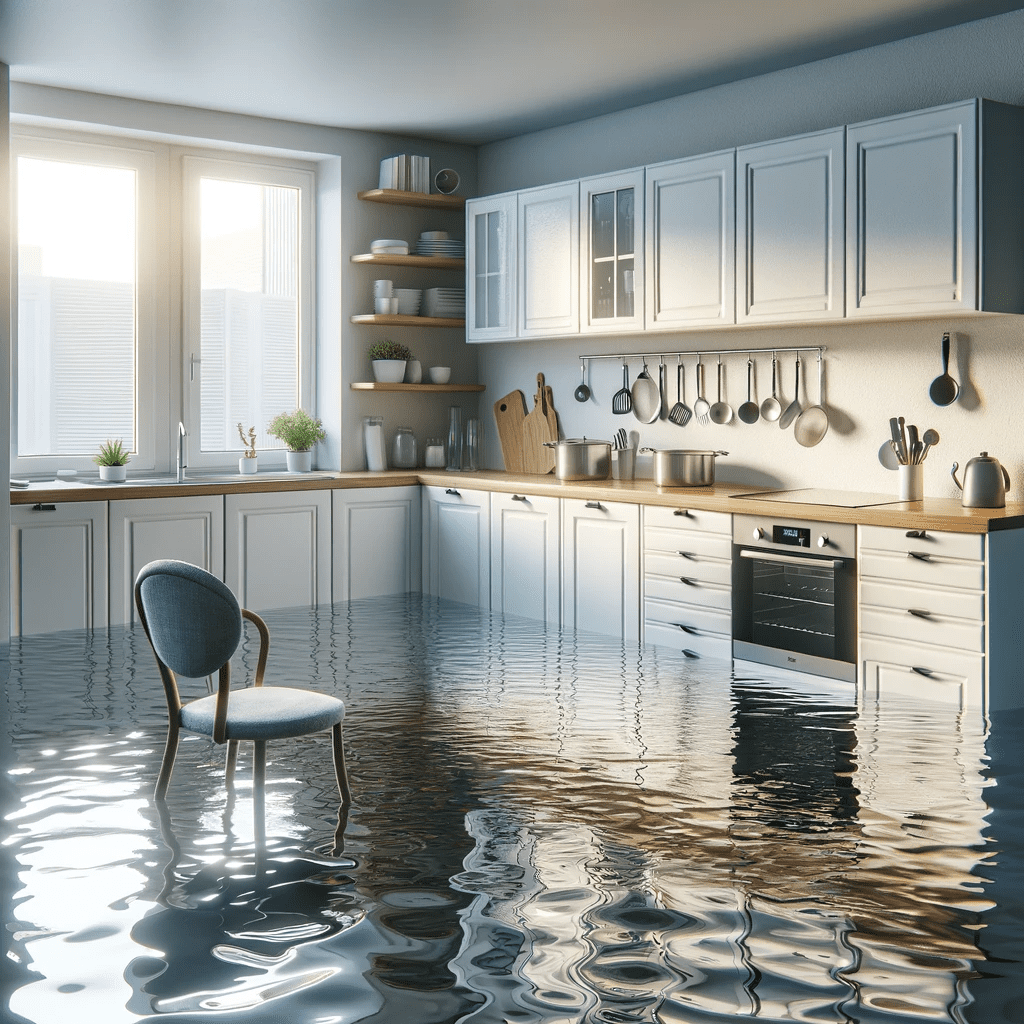 DALL·E 2023-11-03 18.14.08 – Photo of a modern kitchen in an apartment after a severe flood. The water is clear and reaches the countertops, with kitchen utensils and a chair floa