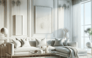 Modernes, luftiges Zimmer mit minimalistischen Möbeln, einem Luftreiniger zur Schimmelbekämpfung und sanften Weißtönen."