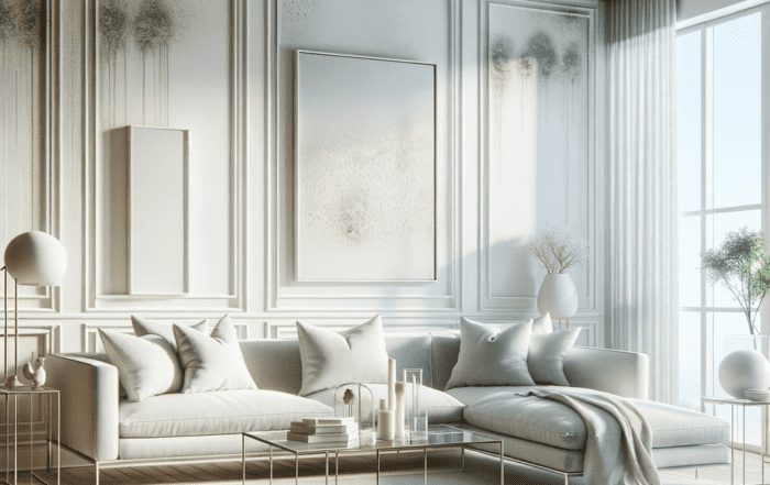 Modernes, luftiges Zimmer mit minimalistischen Möbeln, einem Luftreiniger zur Schimmelbekämpfung und sanften Weißtönen."