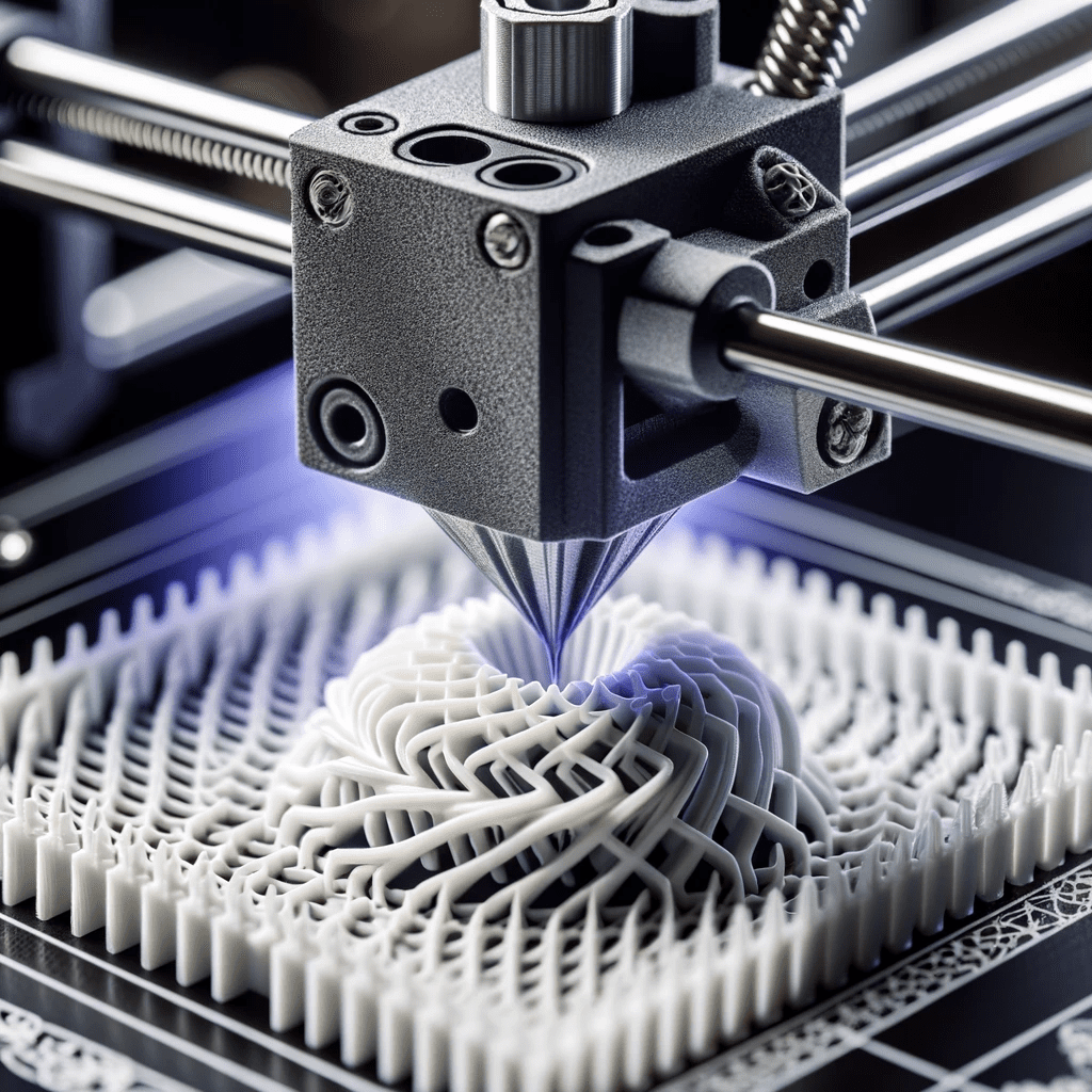 Nahaufnahme einer 3D-Druckerdüse, die ABS-Kunststofffilament extrudiert, um ein präzises Objekt zu erstellen, und die Details und Komplexität des Druckprozesses hervorhebt.