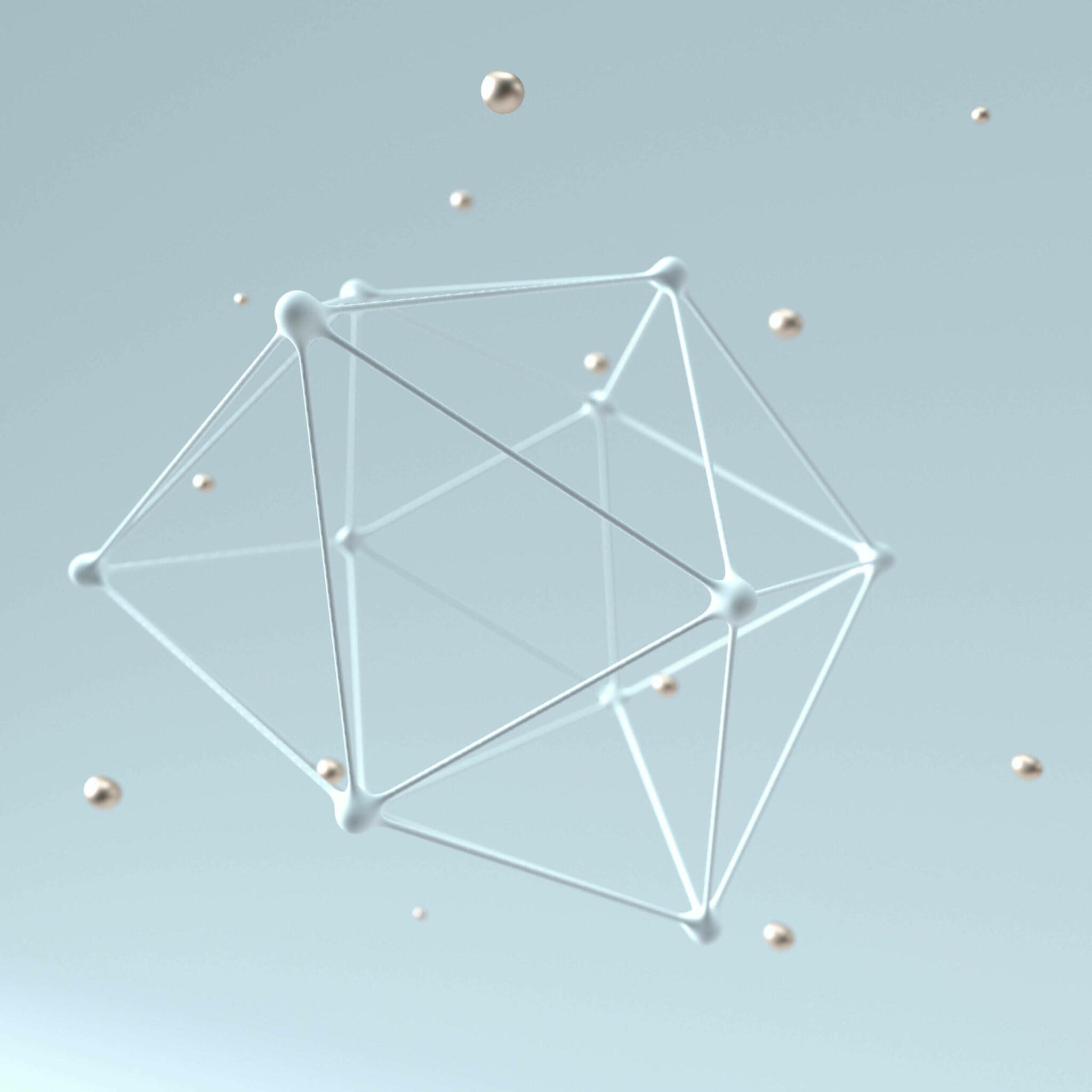 3D-Darstellung eines Moleküls mit abstrakten, verbundenen Linien, umgeben von einzelnen Atomen, die Ionenbildung in Luft symbolisieren.