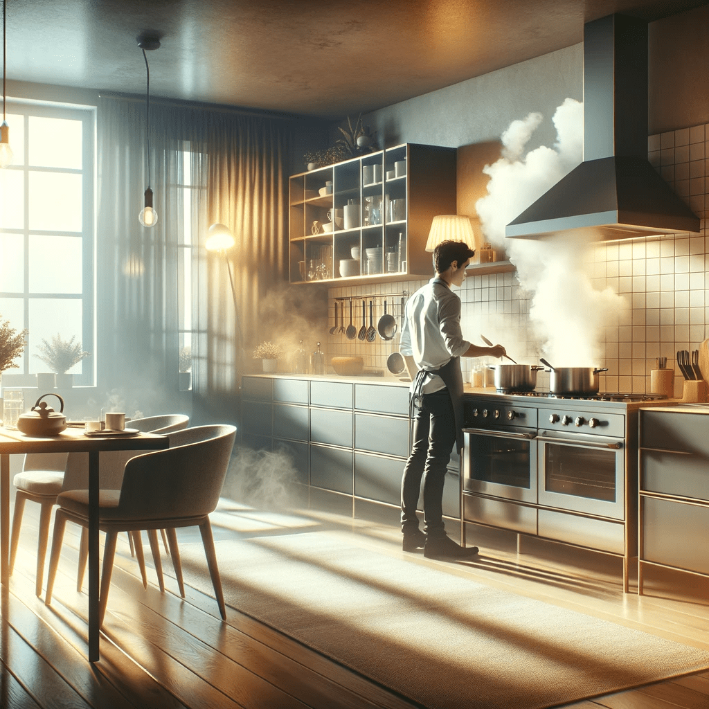 Moderne Küche mit sichtbarem Wasserdampf und beschlagenen Fenstern, was auf hohe Luftfeuchtigkeit und Schimmelrisiko hinweist.
