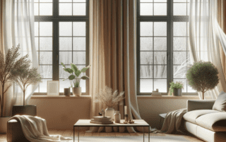 Modernes Wohnzimmer mit offenem Fenster für Stoßlüftung im Winter, Sofa und Zimmerpflanzen