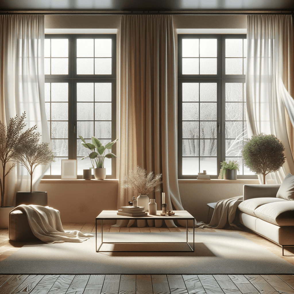 Modernes Wohnzimmer mit offenem Fenster für Stoßlüftung im Winter, Sofa und Zimmerpflanzen