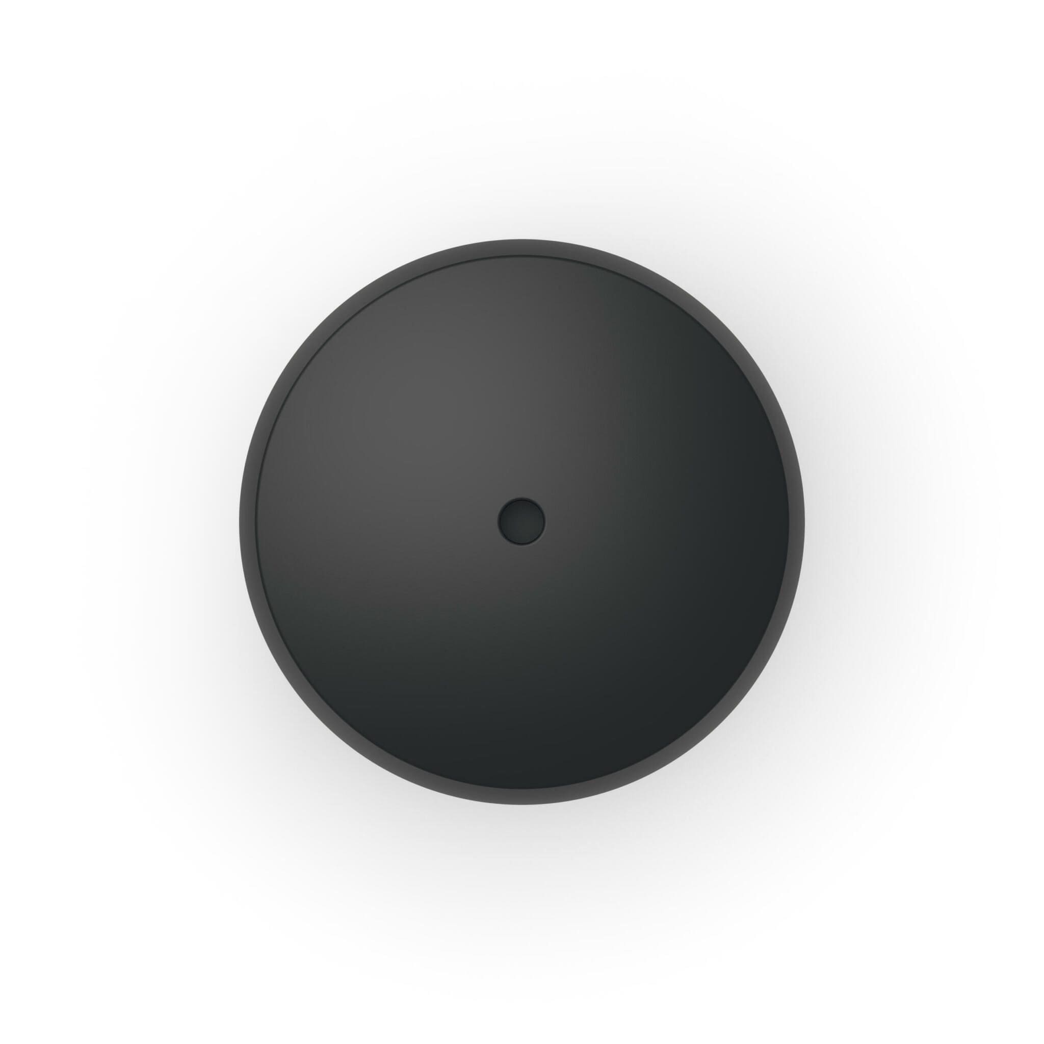 Draufsicht: Schwarzer, runder Mia Top. Schlichtes Design mit kleinem Loch in der Mitte. Modern und minimalistisch. SF_Mia_black_top.