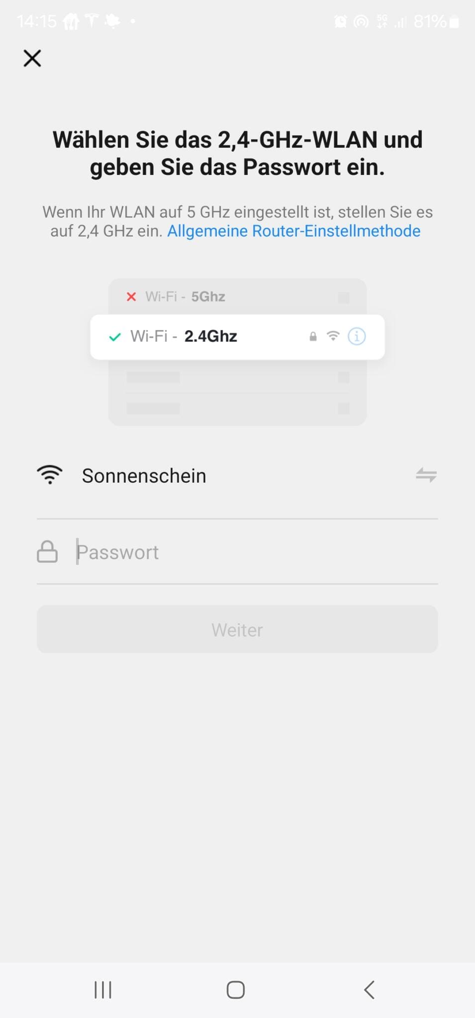 Smartphone-Screen: WLAN-Auswahl 2,4 GHz, Passwort-Eingabe. Konfiguration für Stadler Form Luftentfeuchter?