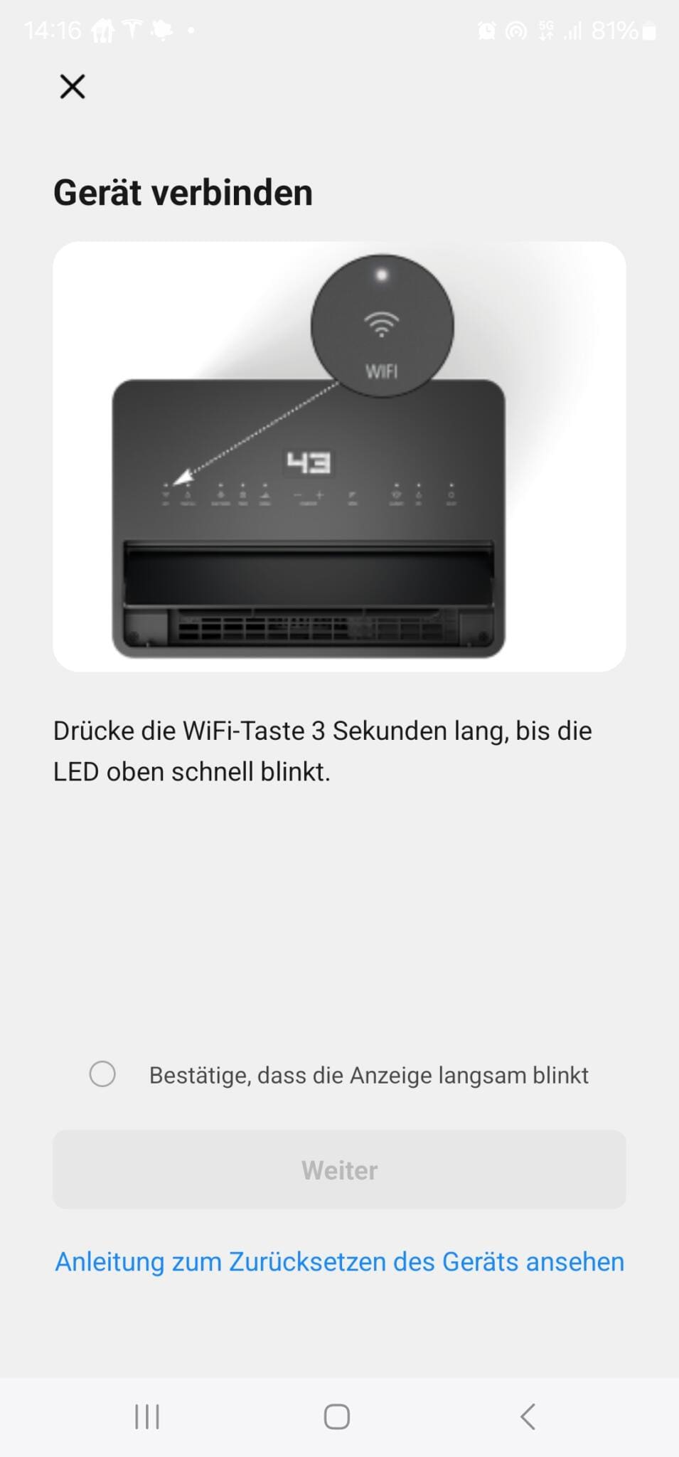 Screenshot: Stadler Form Luftentfeuchter verbinden. Anleitung zum Verbinden des Geräts mit dem WLAN. LED-Anzeige und WiFi-Symbol.