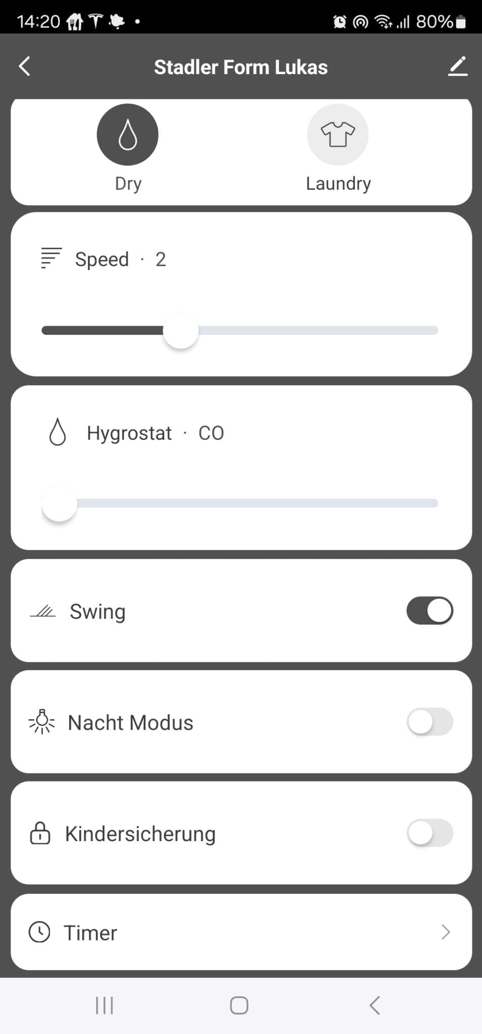 App-Ansicht Stadler Form Lukas Luftentfeuchter: Modi (Trocknen, Wäsche), Geschwindigkeit, Hygrostat, Swing, Nachtmodus, Kindersicherung, Timer.