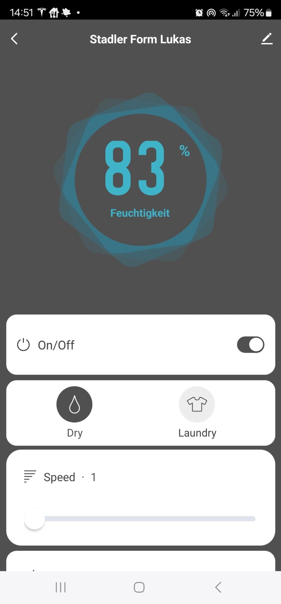 App-Ansicht Stadler Form Luftentfeuchter: 83% Luftfeuchtigkeit, On/Off, Trocknen, Wäsche-Modus, Geschwindigkeit 1. Lukas Luftentfeuchter.
