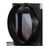 Detailaufnahme eines 1-Wege-Luftauslasses (Airbus). Schwarzer, runder Auslass mit Metallrahmen. Belüftungssystem für Flugzeuge.