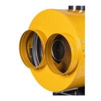 Gelber 2-Wege-Ausgang BV-400-500. Detailaufnahme eines gelben Industrieausgangs mit zwei runden Öffnungen. Metallische Innenteile sichtbar.