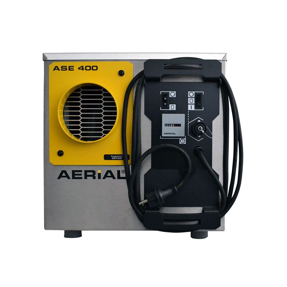 Luftentfeuchter Aerial ASE 400: Kompaktes Gerät für Bautrocknung und Wasserschadensanierung. Gelbe Lüftung, schwarze Bedienelemente.