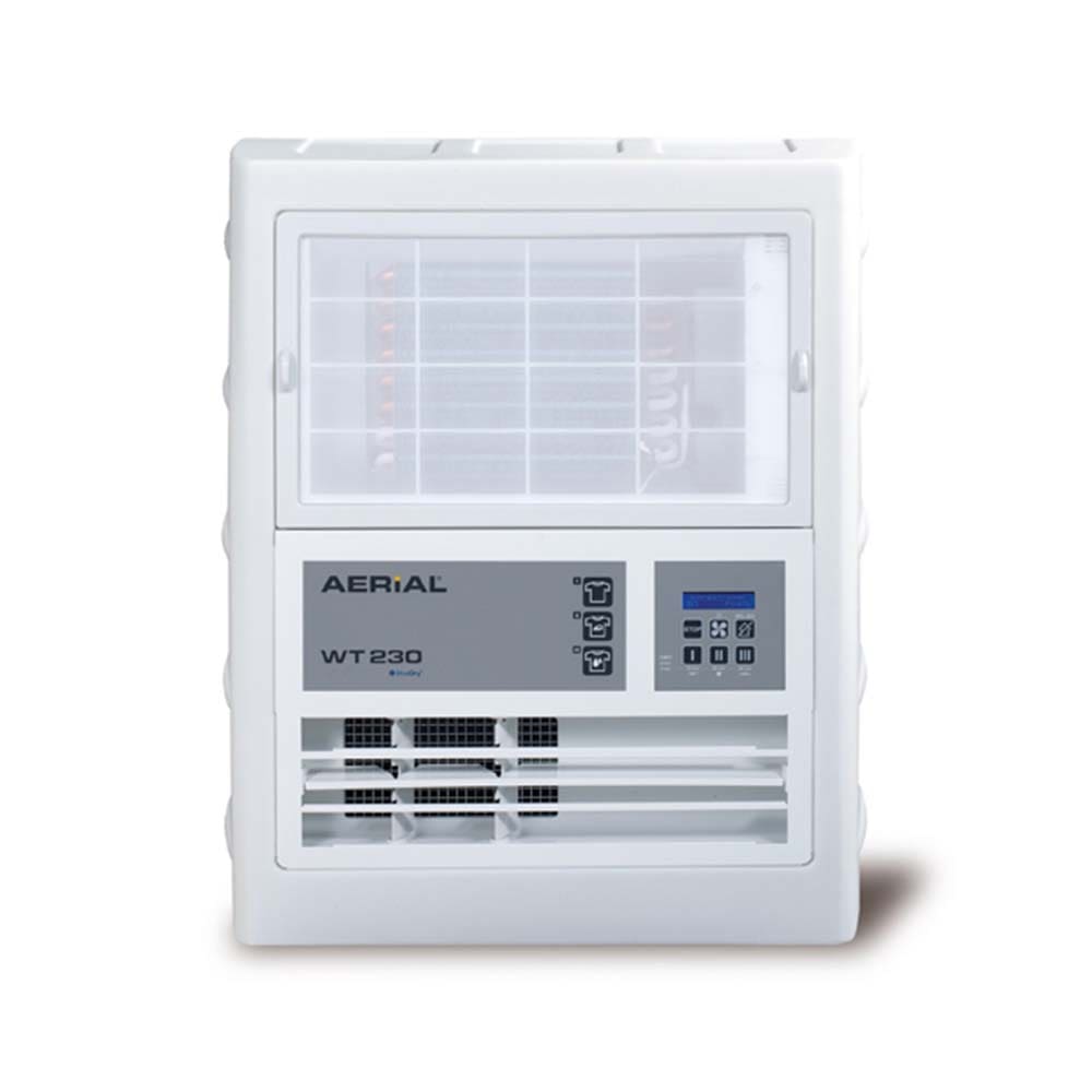 Frontansicht des Aerial WT-230 Wäschetrockners. Luftentfeuchter mit Bedienfeld und Lüftungsgitter. Ideal für Wäschetrocknung.