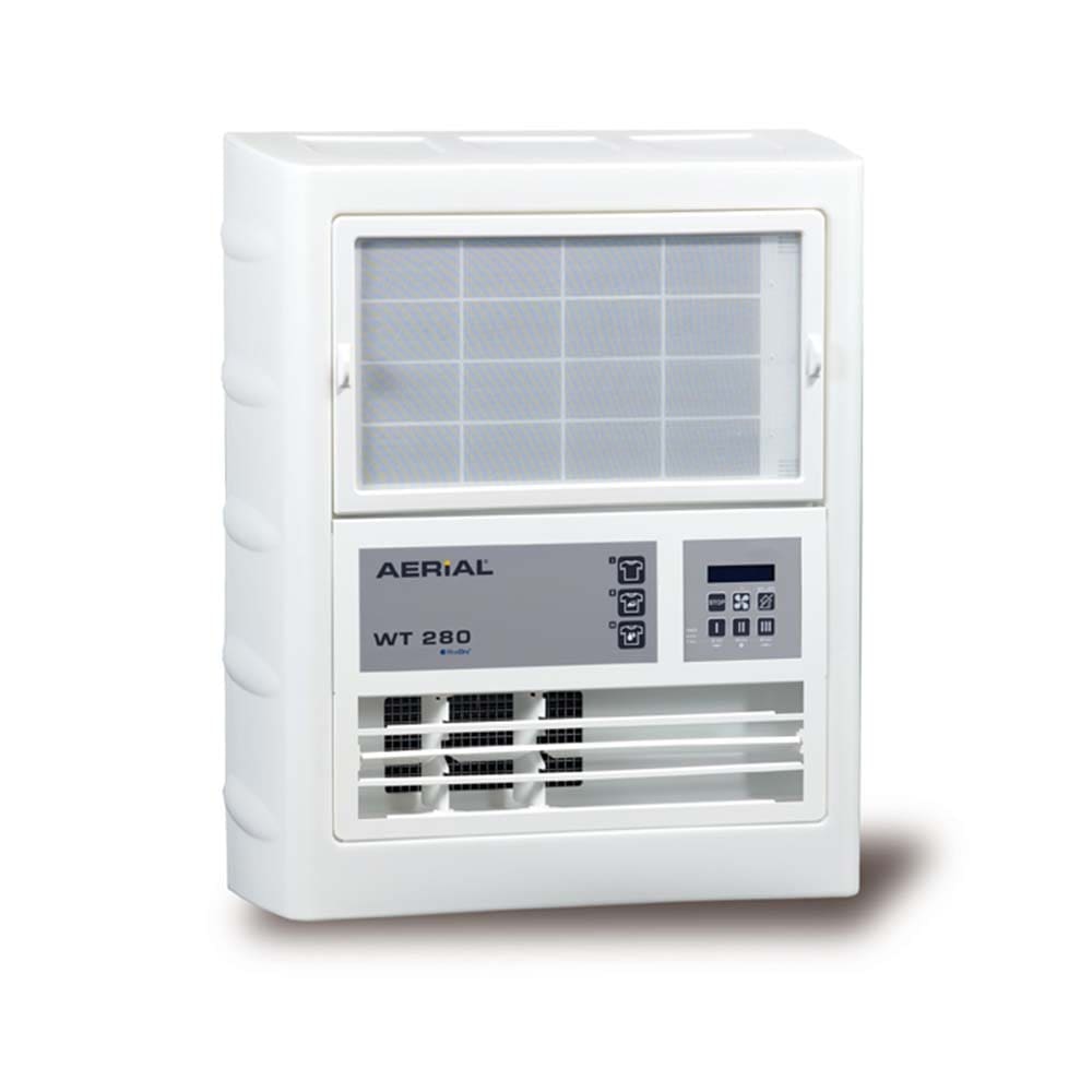 Aerial WT 280_right Weißer Luftentfeuchter Aerial WT 280 von rechts. Kompaktes Gerät mit Bedienfeld und Lüftungsgittern. Ideal für Feuchtigkeitsregulierung.
