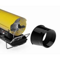 Gelber Heizlüfter mit schwarzem Luftrückführungskit. Air-recycling-kit für bessere Luftqualität. Heizgerät für Werkstatt und Baustelle.