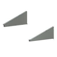 Zwei graue CF-Winkel, dreieckige Halterungen für Regale. Metallstruktur mit Löchern zur Befestigung. Ideal für Möbel und Wandmontage.