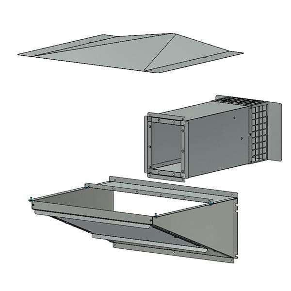 Kit für Outdoors: CF-Bausatz, CAD-Darstellung. Enthält Abdeckung, rechteckigen Kanal und Luftfilter. Ideal für Außenanwendungen.