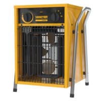 Gelber Master B 5IT Elektroheizer. Heizlüfter mit Gitter, Bedienelementen und Tragegriffen. Kompakte Heizlösung für Innenräume.