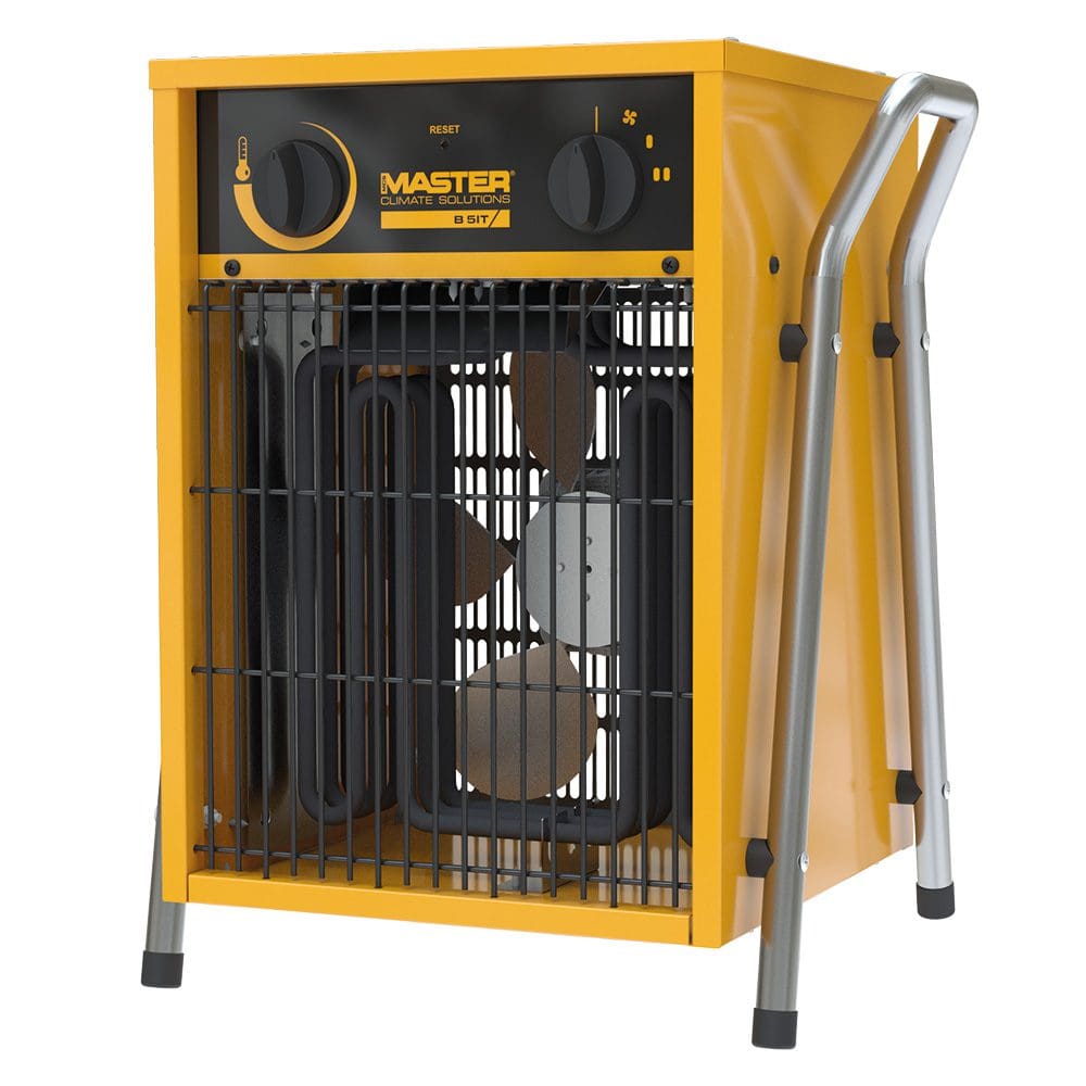 Gelber Master B 5IT Elektroheizer. Heizlüfter mit Gitter, Bedienelementen und Tragegriffen. Kompakte Heizlösung für Innenräume.