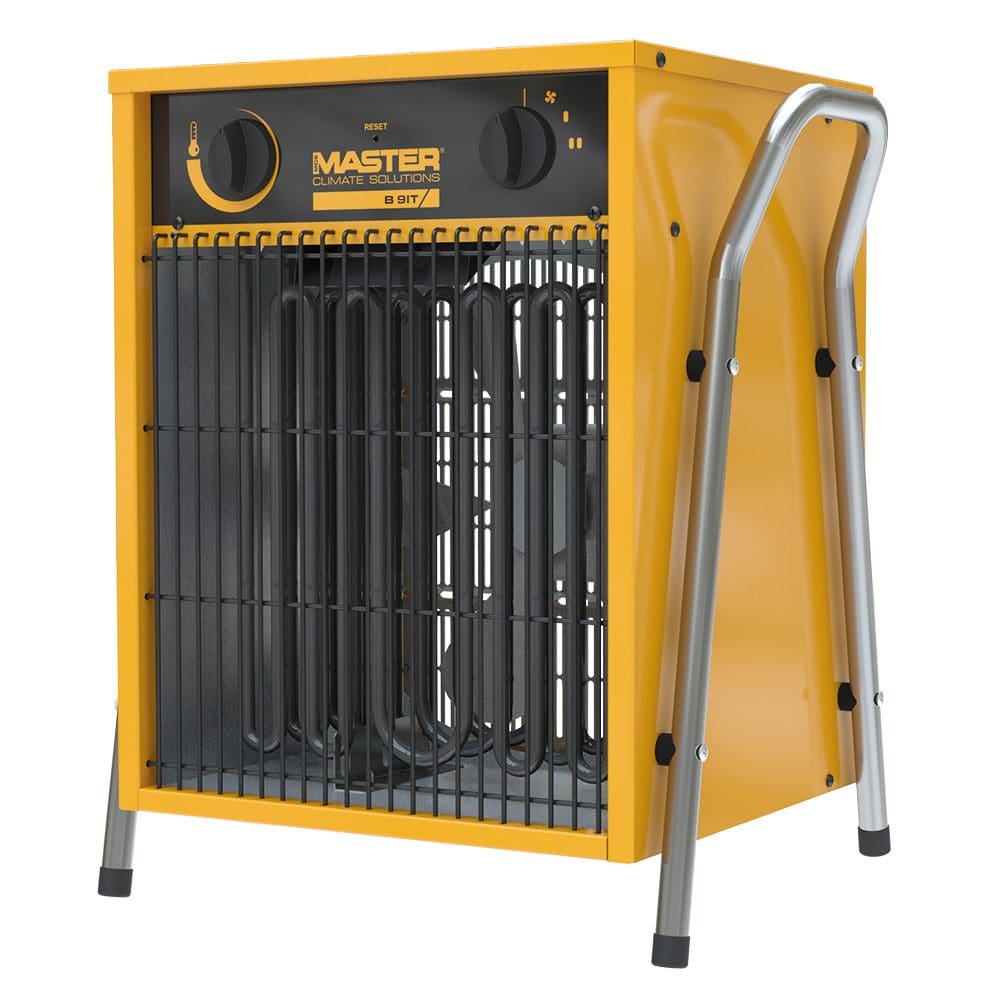 Gelber Master B 9IT Elektroheizer mit schwarzem Gitter und Bedienelementen. Heizgerät für Werkstatt und Baustelle.